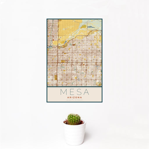 12x18 Mesa Arizona Map Print Portrait Orientation in Woodblock Style With Small Cactus Plant in White Planter