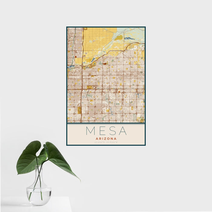16x24 Mesa Arizona Map Print Portrait Orientation in Woodblock Style With Tropical Plant Leaves in Water
