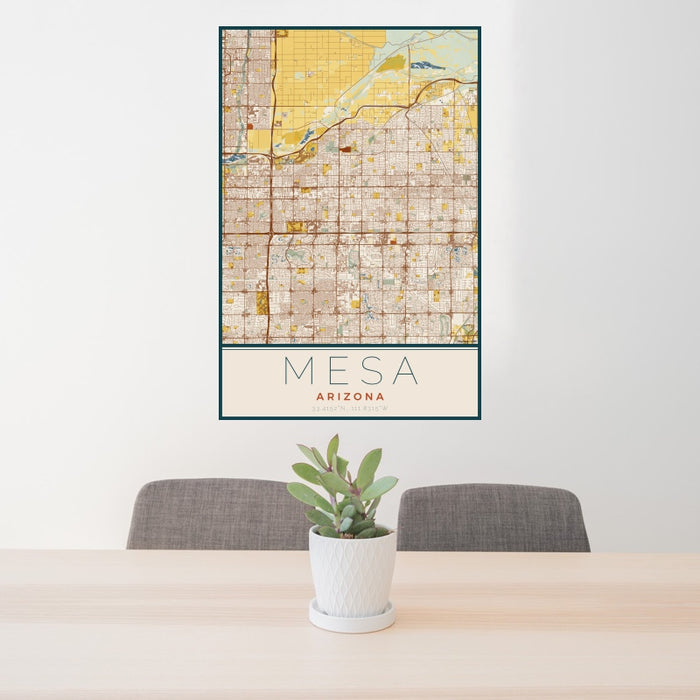 24x36 Mesa Arizona Map Print Portrait Orientation in Woodblock Style Behind 2 Chairs Table and Potted Plant