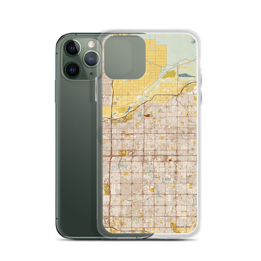 Custom Mesa Arizona Map Phone Case in Woodblock on Table with Laptop and Plant
