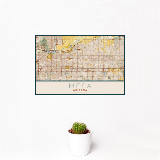 12x18 Mesa Arizona Map Print Landscape Orientation in Woodblock Style With Small Cactus Plant in White Planter