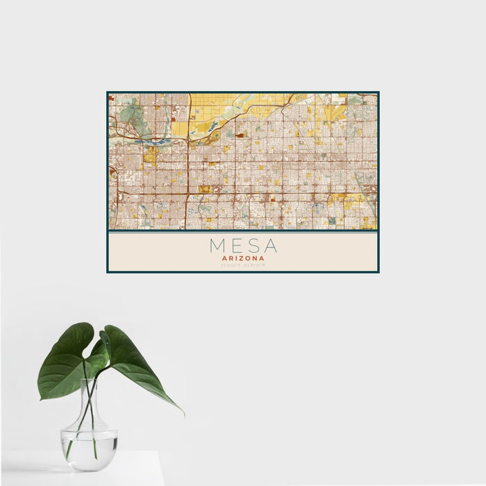 16x24 Mesa Arizona Map Print Landscape Orientation in Woodblock Style With Tropical Plant Leaves in Water