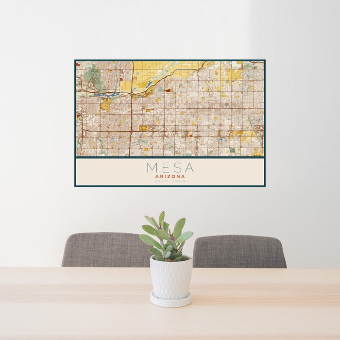 24x36 Mesa Arizona Map Print Landscape Orientation in Woodblock Style Behind 2 Chairs Table and Potted Plant