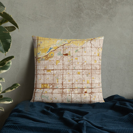 Custom Mesa Arizona Map Throw Pillow in Woodblock on Bedding Against Wall