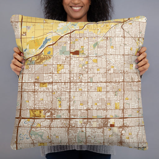 Person holding 22x22 Custom Mesa Arizona Map Throw Pillow in Woodblock