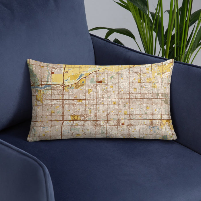 Custom Mesa Arizona Map Throw Pillow in Woodblock on Blue Colored Chair