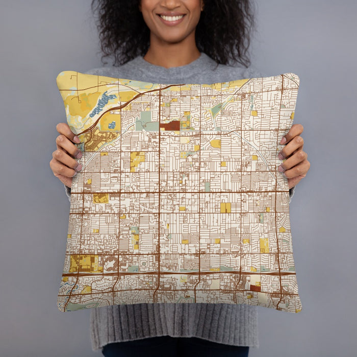 Person holding 18x18 Custom Mesa Arizona Map Throw Pillow in Woodblock