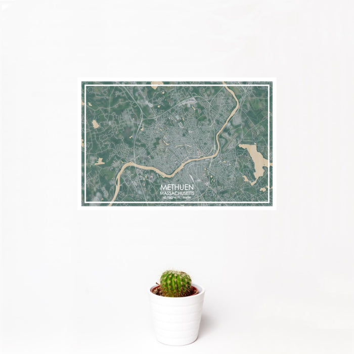 12x18 Methuen Massachusetts Map Print Landscape Orientation in Afternoon Style With Small Cactus Plant in White Planter