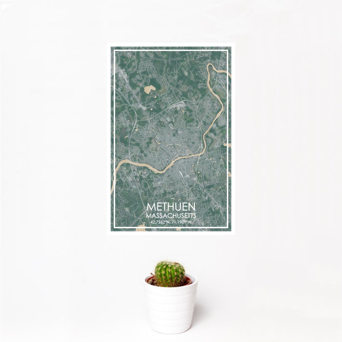 12x18 Methuen Massachusetts Map Print Portrait Orientation in Afternoon Style With Small Cactus Plant in White Planter