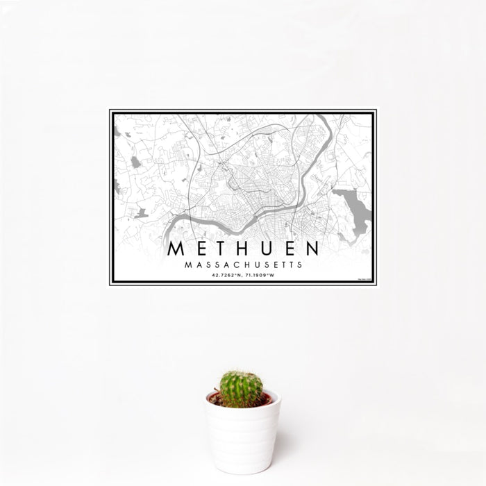 12x18 Methuen Massachusetts Map Print Landscape Orientation in Classic Style With Small Cactus Plant in White Planter