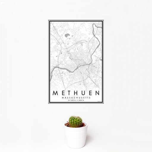 12x18 Methuen Massachusetts Map Print Portrait Orientation in Classic Style With Small Cactus Plant in White Planter