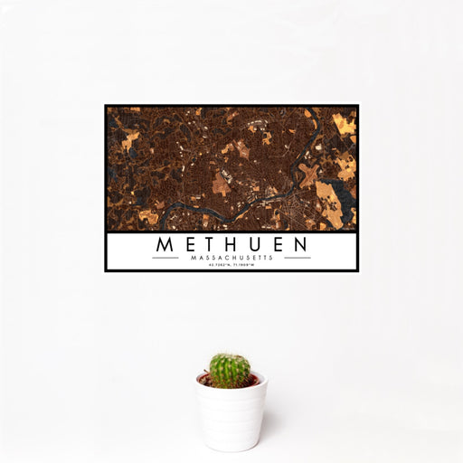12x18 Methuen Massachusetts Map Print Landscape Orientation in Ember Style With Small Cactus Plant in White Planter