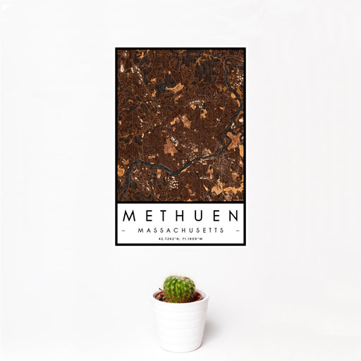 12x18 Methuen Massachusetts Map Print Portrait Orientation in Ember Style With Small Cactus Plant in White Planter