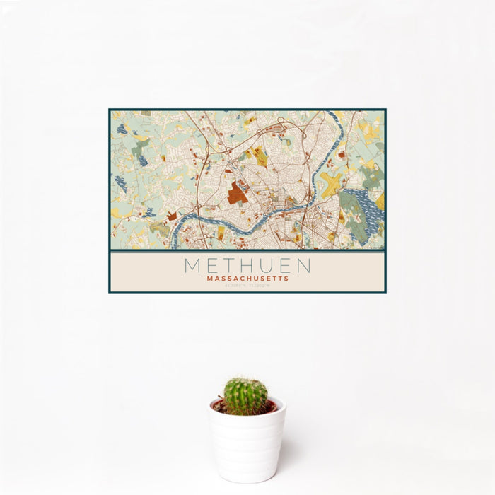 12x18 Methuen Massachusetts Map Print Landscape Orientation in Woodblock Style With Small Cactus Plant in White Planter