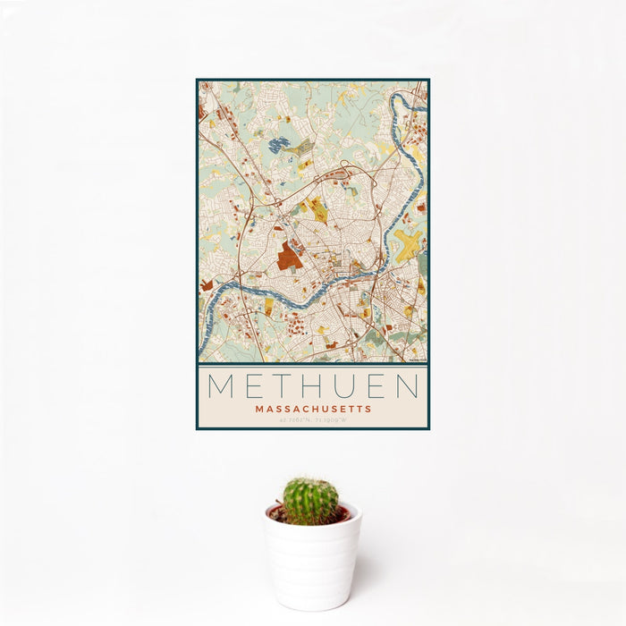 12x18 Methuen Massachusetts Map Print Portrait Orientation in Woodblock Style With Small Cactus Plant in White Planter