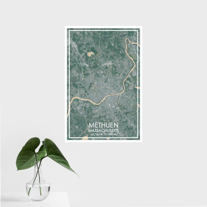 16x24 Methuen Massachusetts Map Print Portrait Orientation in Afternoon Style With Tropical Plant Leaves in Water