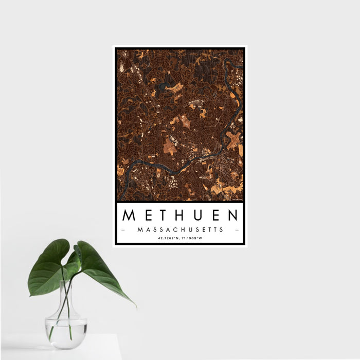 16x24 Methuen Massachusetts Map Print Portrait Orientation in Ember Style With Tropical Plant Leaves in Water