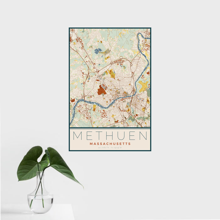 16x24 Methuen Massachusetts Map Print Portrait Orientation in Woodblock Style With Tropical Plant Leaves in Water