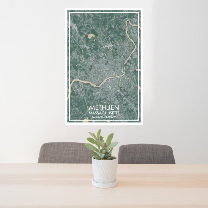 24x36 Methuen Massachusetts Map Print Portrait Orientation in Afternoon Style Behind 2 Chairs Table and Potted Plant