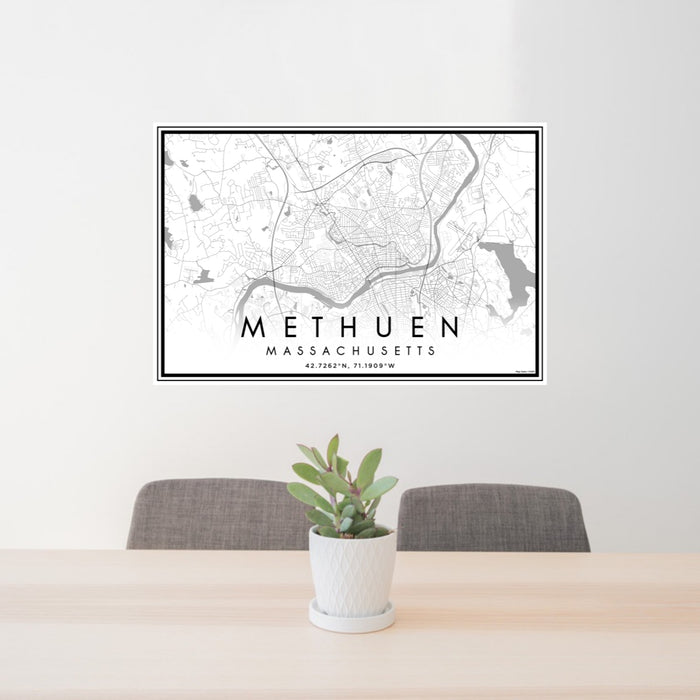 24x36 Methuen Massachusetts Map Print Lanscape Orientation in Classic Style Behind 2 Chairs Table and Potted Plant