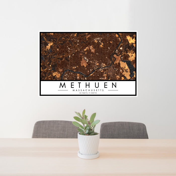 24x36 Methuen Massachusetts Map Print Lanscape Orientation in Ember Style Behind 2 Chairs Table and Potted Plant