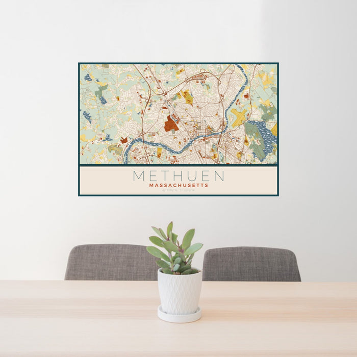 24x36 Methuen Massachusetts Map Print Lanscape Orientation in Woodblock Style Behind 2 Chairs Table and Potted Plant