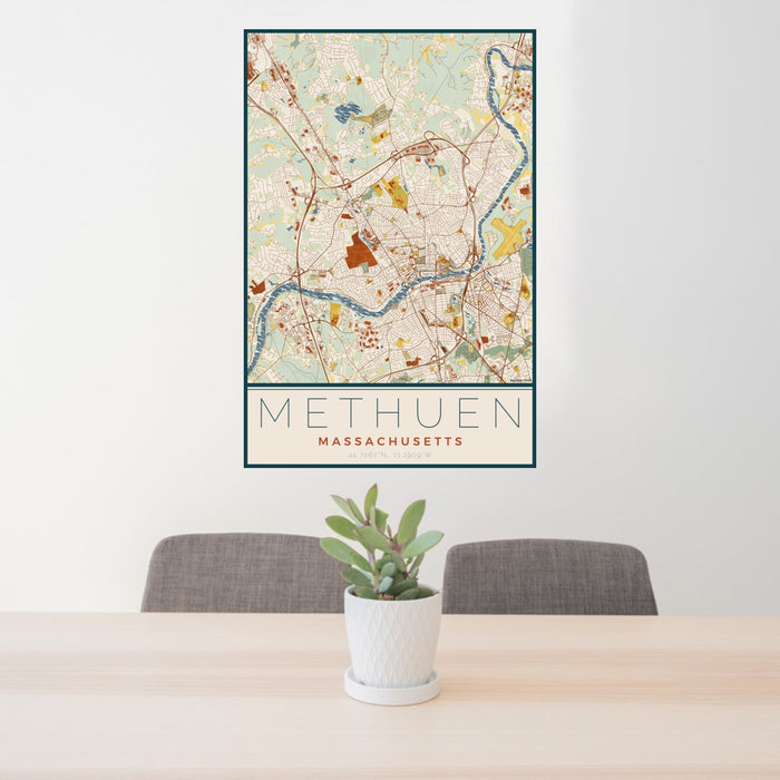 24x36 Methuen Massachusetts Map Print Portrait Orientation in Woodblock Style Behind 2 Chairs Table and Potted Plant