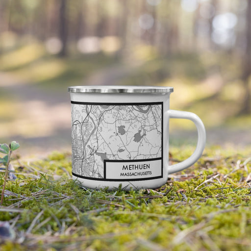 Right View Custom Methuen Massachusetts Map Enamel Mug in Classic on Grass With Trees in Background