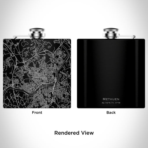 Rendered View of Methuen Massachusetts Map Engraving on 6oz Stainless Steel Flask in Black