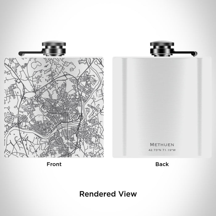 Rendered View of Methuen Massachusetts Map Engraving on 6oz Stainless Steel Flask in White
