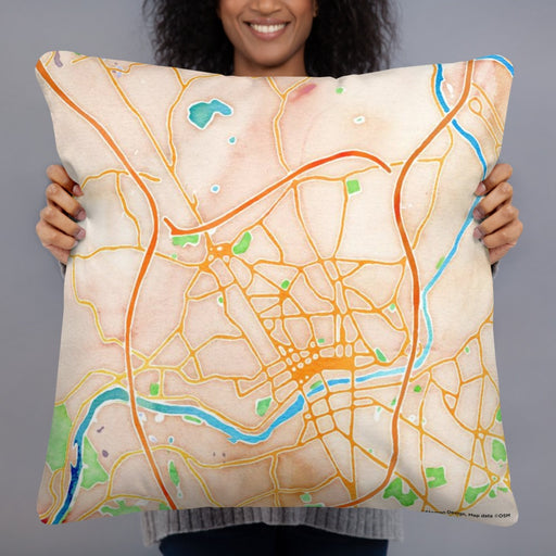 Person holding 22x22 Custom Methuen Massachusetts Map Throw Pillow in Watercolor