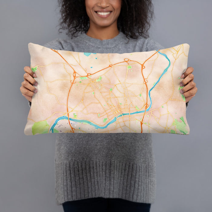 Person holding 20x12 Custom Methuen Massachusetts Map Throw Pillow in Watercolor