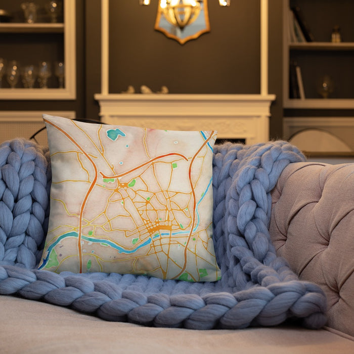 Custom Methuen Massachusetts Map Throw Pillow in Watercolor on Cream Colored Couch