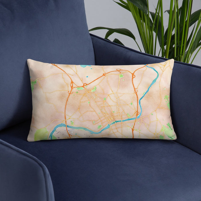 Custom Methuen Massachusetts Map Throw Pillow in Watercolor on Blue Colored Chair