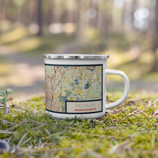 Right View Custom Methuen Massachusetts Map Enamel Mug in Woodblock on Grass With Trees in Background