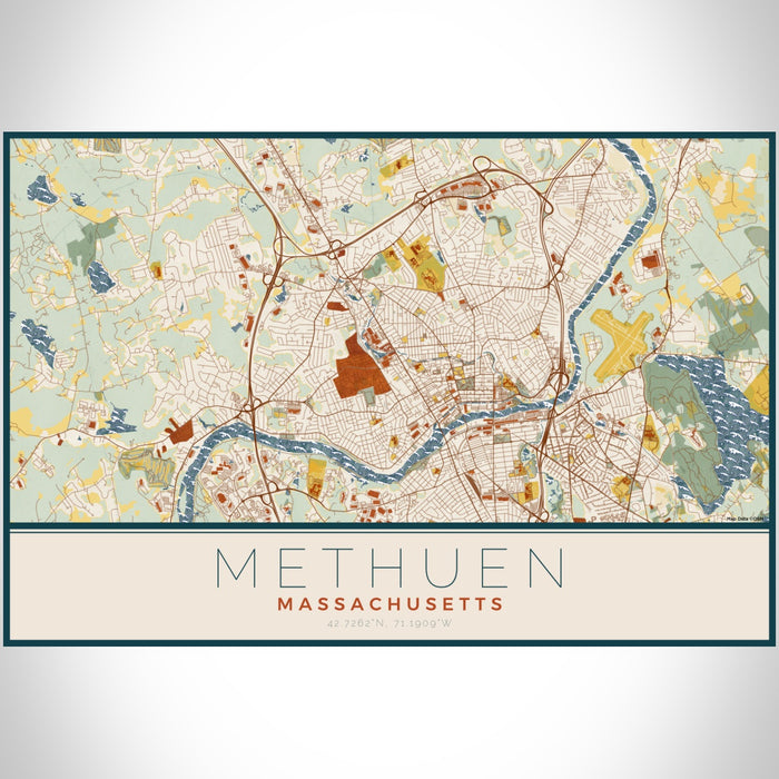 Methuen Massachusetts Map Print Landscape Orientation in Woodblock Style With Shaded Background
