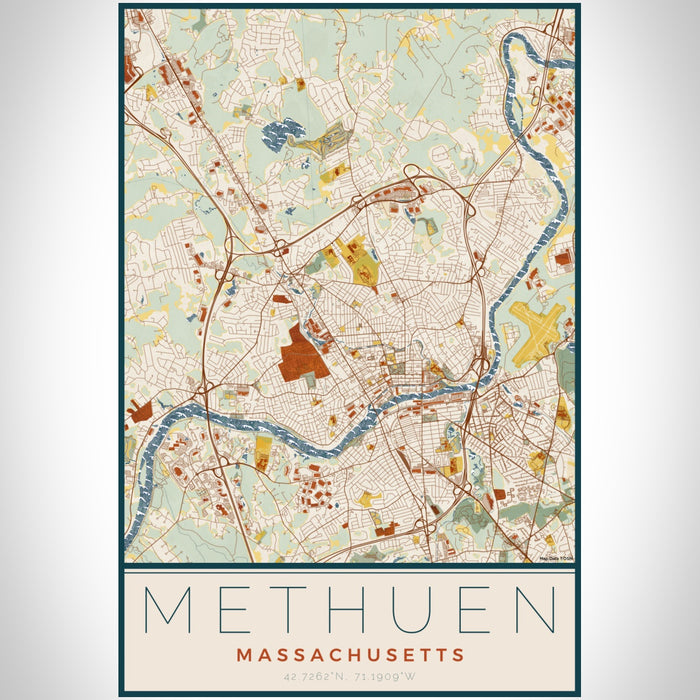 Methuen Massachusetts Map Print Portrait Orientation in Woodblock Style With Shaded Background