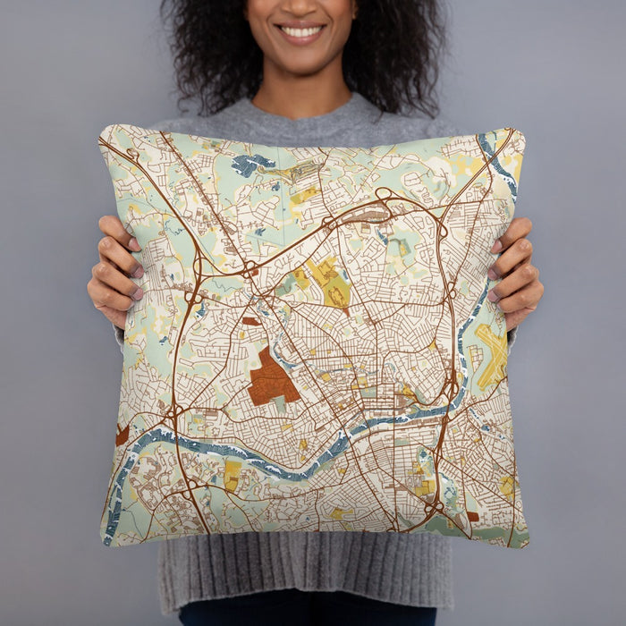 Person holding 18x18 Custom Methuen Massachusetts Map Throw Pillow in Woodblock