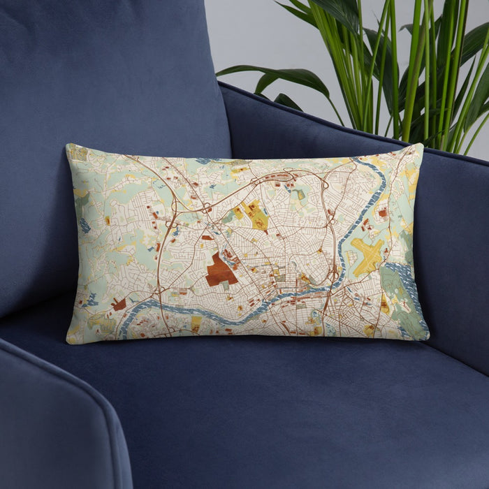 Custom Methuen Massachusetts Map Throw Pillow in Woodblock on Blue Colored Chair