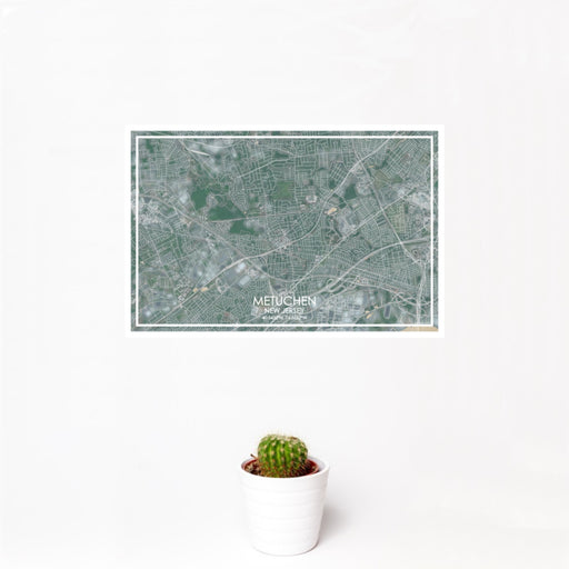 12x18 Metuchen New Jersey Map Print Landscape Orientation in Afternoon Style With Small Cactus Plant in White Planter