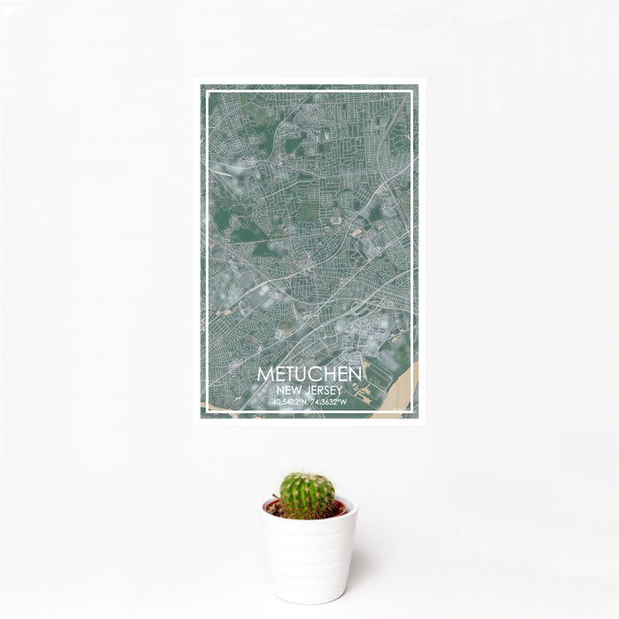 12x18 Metuchen New Jersey Map Print Portrait Orientation in Afternoon Style With Small Cactus Plant in White Planter