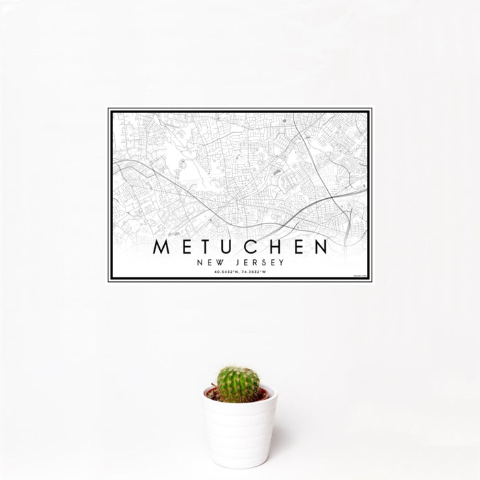 12x18 Metuchen New Jersey Map Print Landscape Orientation in Classic Style With Small Cactus Plant in White Planter