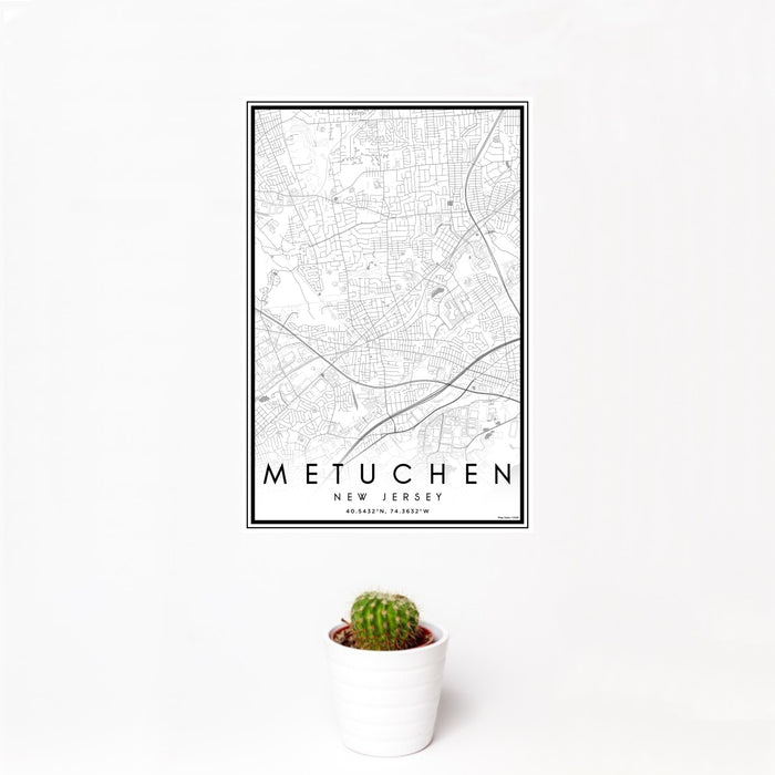 12x18 Metuchen New Jersey Map Print Portrait Orientation in Classic Style With Small Cactus Plant in White Planter
