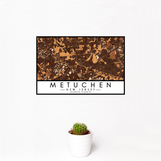 12x18 Metuchen New Jersey Map Print Landscape Orientation in Ember Style With Small Cactus Plant in White Planter