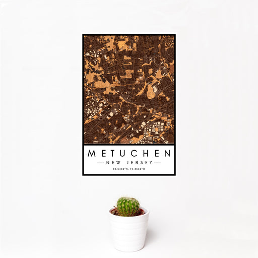 12x18 Metuchen New Jersey Map Print Portrait Orientation in Ember Style With Small Cactus Plant in White Planter