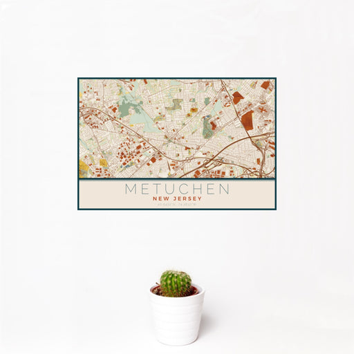 12x18 Metuchen New Jersey Map Print Landscape Orientation in Woodblock Style With Small Cactus Plant in White Planter