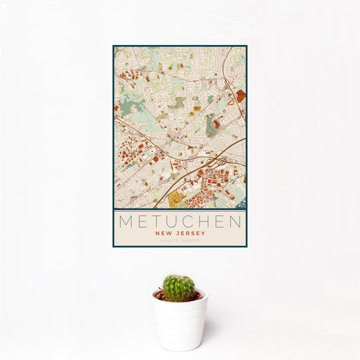 12x18 Metuchen New Jersey Map Print Portrait Orientation in Woodblock Style With Small Cactus Plant in White Planter