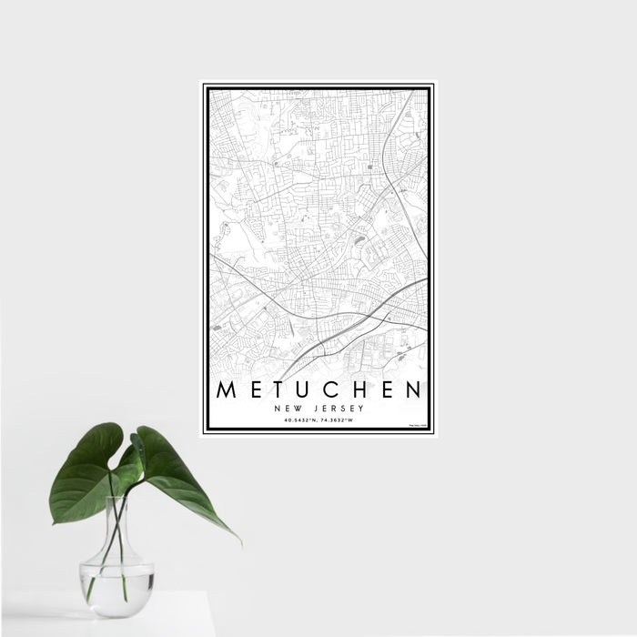 16x24 Metuchen New Jersey Map Print Portrait Orientation in Classic Style With Tropical Plant Leaves in Water