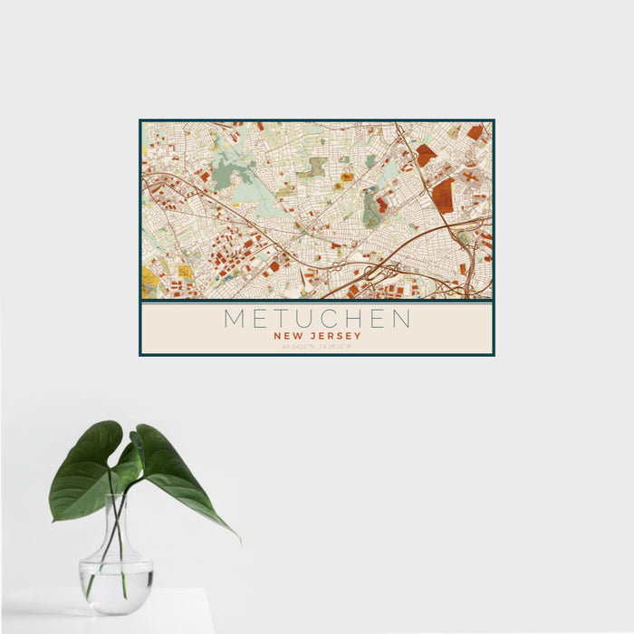 16x24 Metuchen New Jersey Map Print Landscape Orientation in Woodblock Style With Tropical Plant Leaves in Water