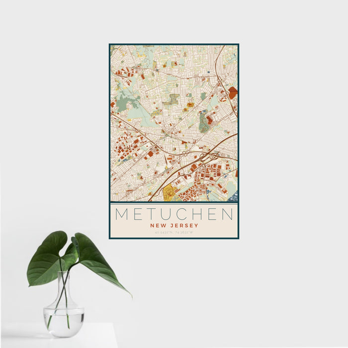 16x24 Metuchen New Jersey Map Print Portrait Orientation in Woodblock Style With Tropical Plant Leaves in Water